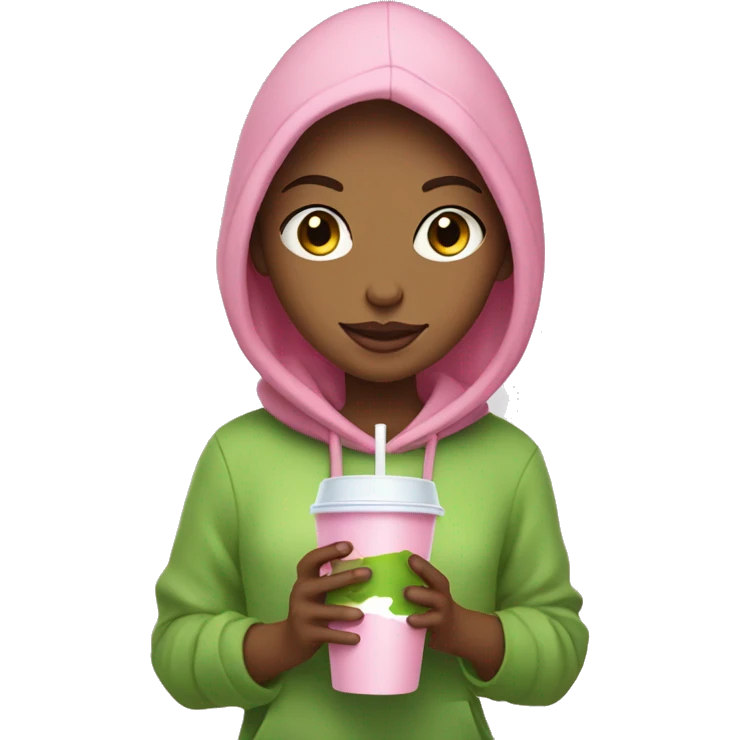 Pretty girl -brawn hair- pink hoodie-holding a glass cup of iced matcha  emoji