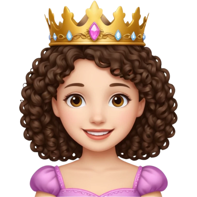 A brunette curly hair girl with a princess crown smiling gently. emoji