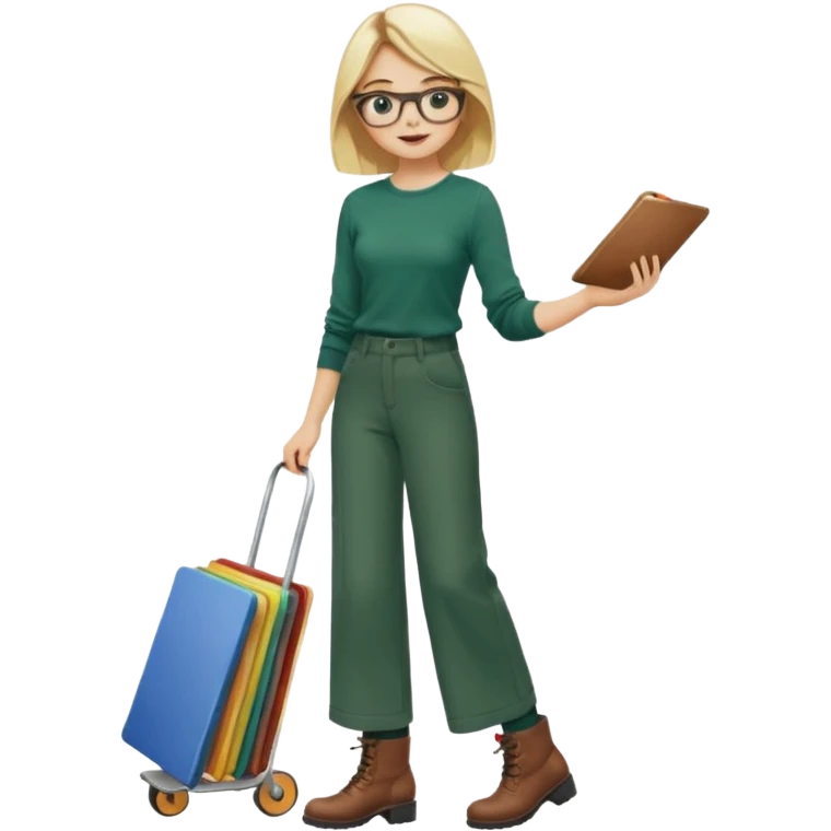 Fille blonde, pantalon ample vert foncé. Lunettes ronde fine. Bottines marrons. Elle pousse une palette remplie de chaussettes  emoji