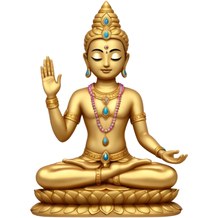 a golden statue of a Hindu deity seated in a yogic posture with one hand in a blessing gesture, adorned with ornate jewelry�. The figure sits on a decorated pedestal, radiating a sacred and traditional aura�. emoji