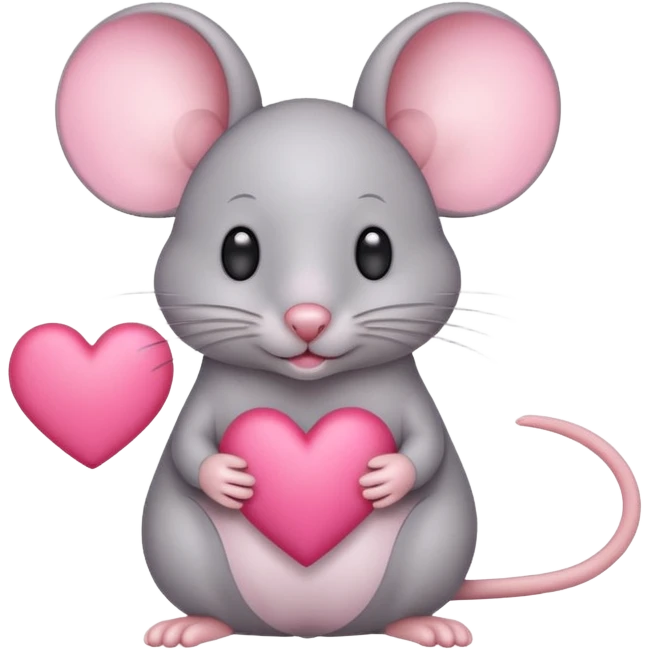 A light gray mouse holds a pink heart in its paws. emoji