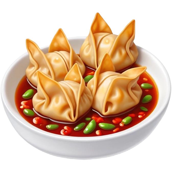 Sichuan spicy wontons in chili oil sauce, simplified emoji style with bold outlines and bright colors, cartoon style red Chinese dumplings Hongyan Chaoshou emoji