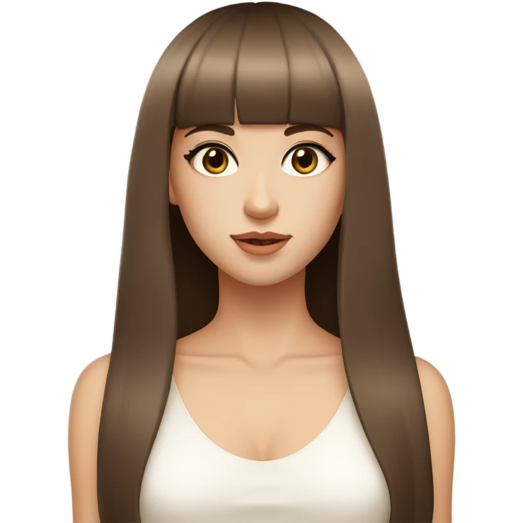 beautiful model, beige skin, light eyes, double eyelids, straight long brown hair, bangs, white top emoji