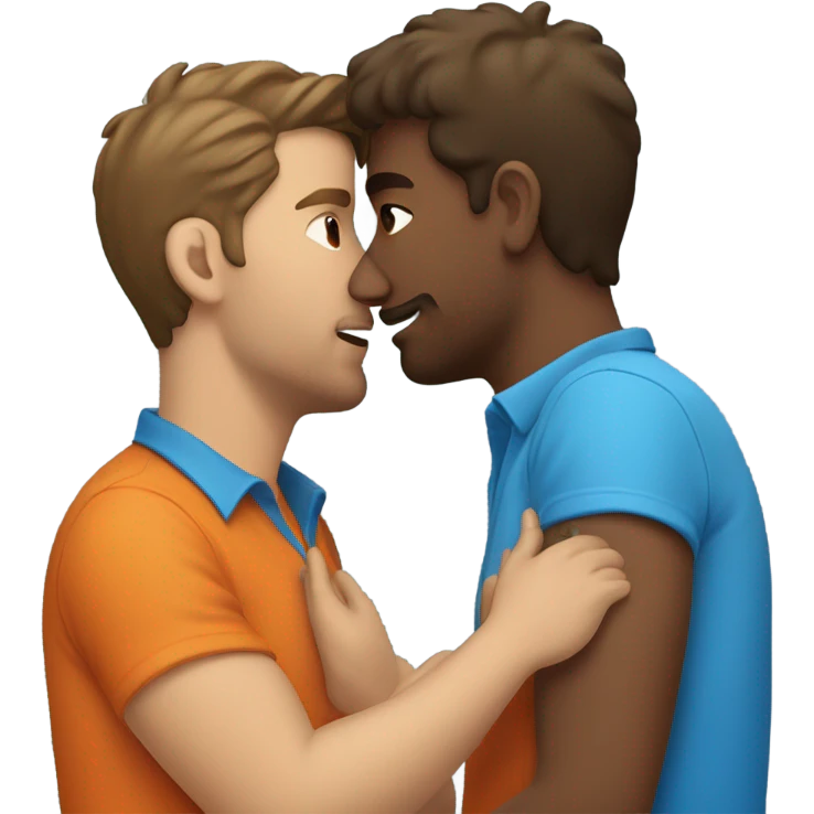 Two guys kissing, brown hair, one orange shirt, one blue shirt emoji