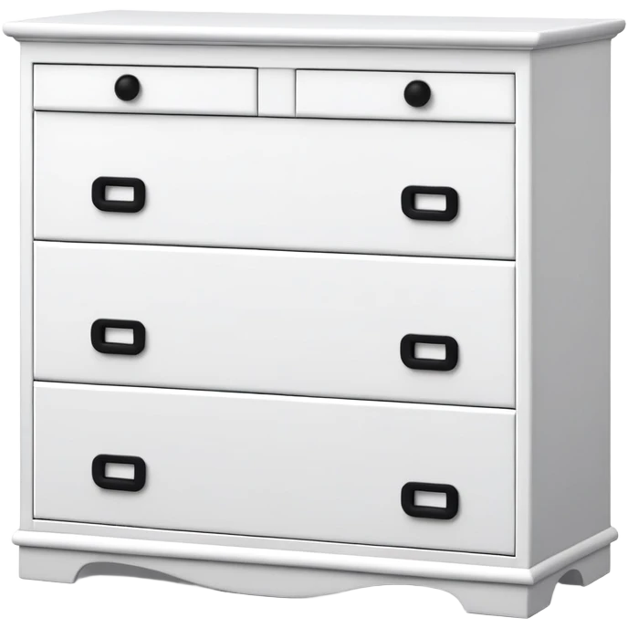 IKEA-inspired 4 feet depth white 6-drawer chest, one tiny black knob per drawer, stacked emoji