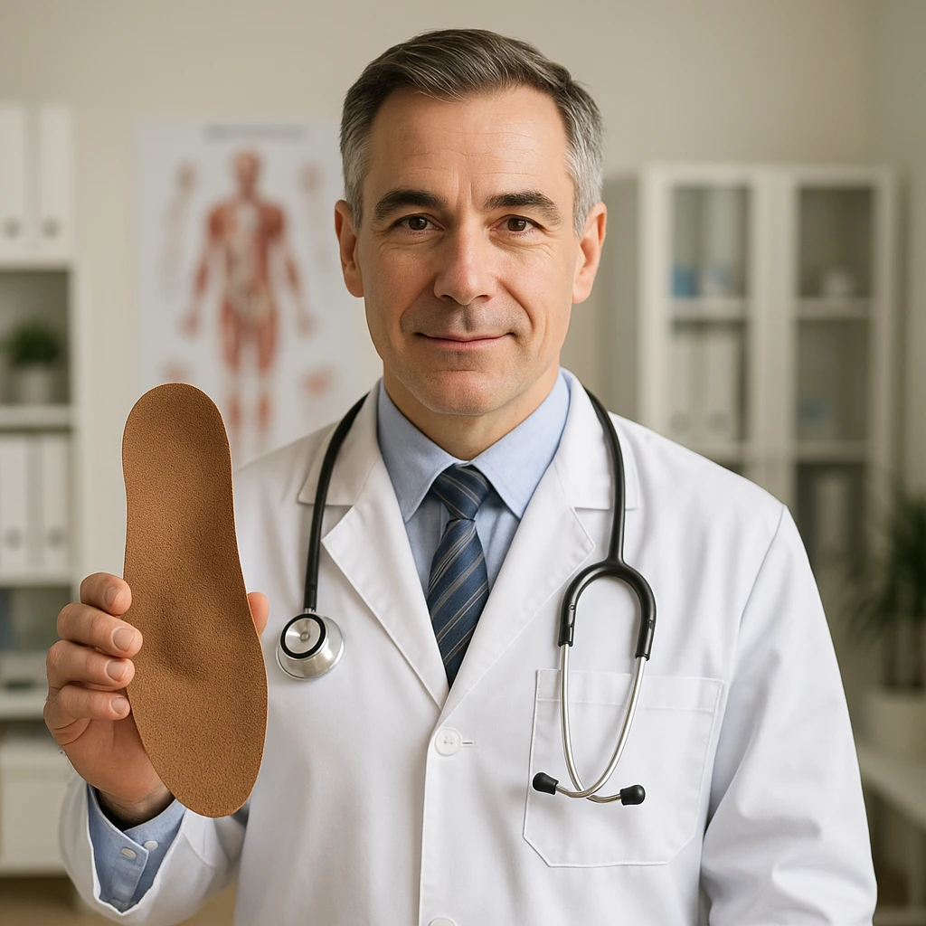 realistic orthopedic doctor in white coat showing an orthopedic insole, medical office background emoji