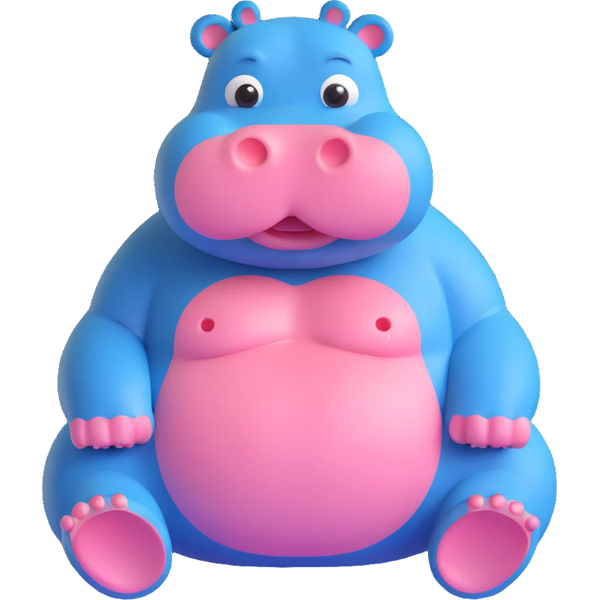 3D emoji style hippo, full body, sitting, simple and cute, round features, expressive eyes emoji