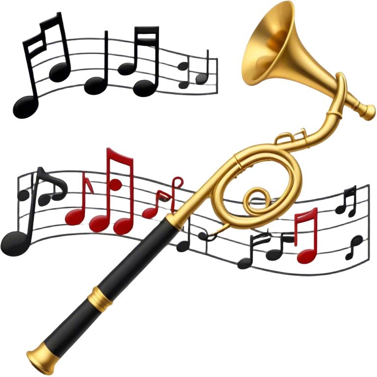 Create a sophisticated and elegant emoji that represents orchestration and arrangement. The design should feature a conductor’s baton, musical notes, and a symphonic score, symbolizing the process of arranging and orchestrating music. Incorporate instruments like a violin, trumpet, and piano keys subtly in the background, representing different sections of the orchestra. Use classical and refined colors such as gold, deep red, and black to evoke the grandeur and precision of orchestration. The background should be transparent. emoji