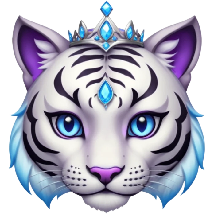 ESO Female white/black tiger khajiit leader of the umbral rose, glowing blue eyes, glowing blue 'third eye' gem; purple gem silver tiara emoji