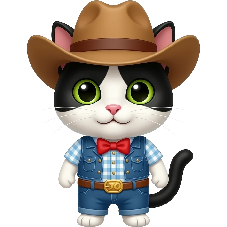 white and black cat standing pose wear cowboy dress and hat face close up emoji