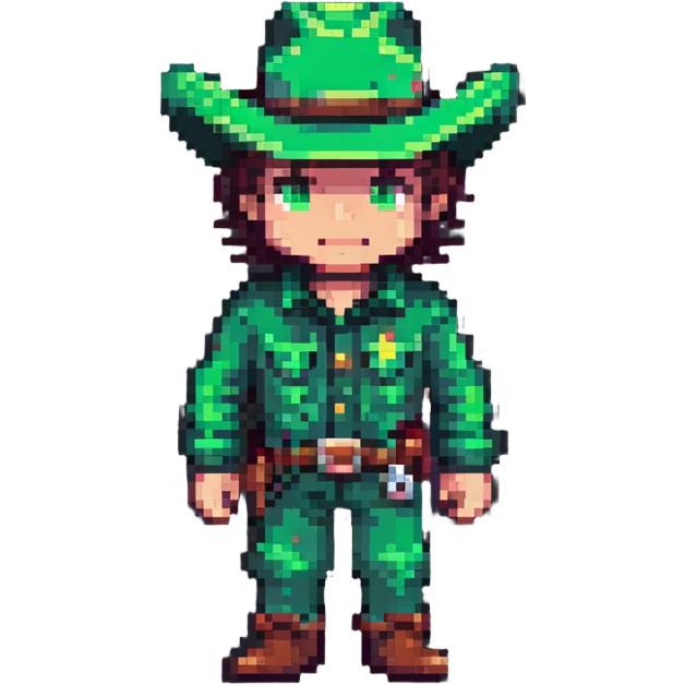 Pixel art cowboy with green outfit and green cowboy hat emoji