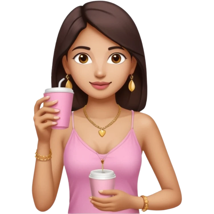 a pretty fair indian bratz girl with a pink cami top, drinking takeaway brown coffee, golden dainty necklace and carrying a white bag emoji