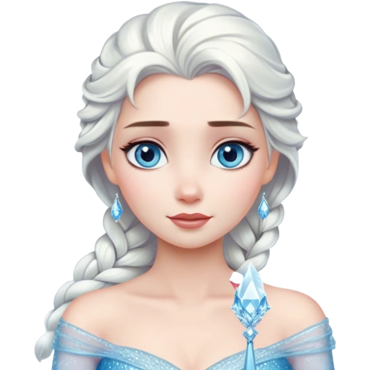 Cinematic Serene Snow Queen Portrait Emoji, rendered in a simplified vector style. Depict a gentle Elsa (chest and above) with delicate icy skin, softly cascading platinum hair, and calm, reflective blue eyes, dressed in her classic ice-blue gown. The image exudes a soft, luminous frosty radiance with high shine and a subtle glowing outline. emoji