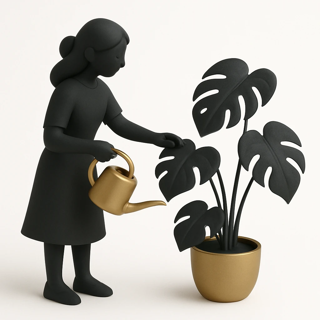 woman watering her monstera plant emoji