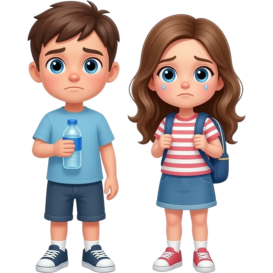 chico y chica  cansados el chico castanyo i con pelo corto y la chica pelo suelto y un poco rubia pero castaño  y los dos tienen ojos azules son hermanos el chico con una cantimplora de agua i la chica con una mochila. estan depie i cansados. se les ve los pies emoji