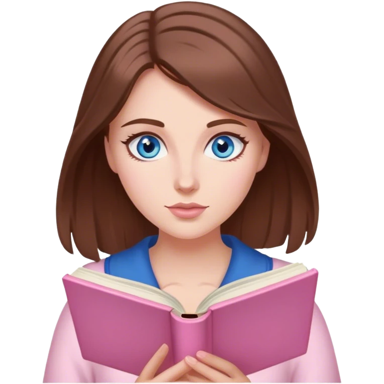 woman with brown hair and blue eyes reading a light pink romance book emoji