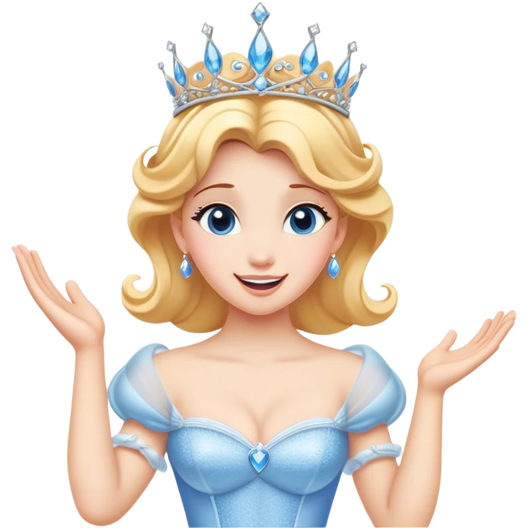 Cinematic Playful Cinderella Portrait Emoji, Blushing with excitement, hands clasped near her heart, eyes wide with anticipation, her tiara slightly askew from an unexpected twirl, a radiant princess caught in a moment of joy, utterly captivating! emoji