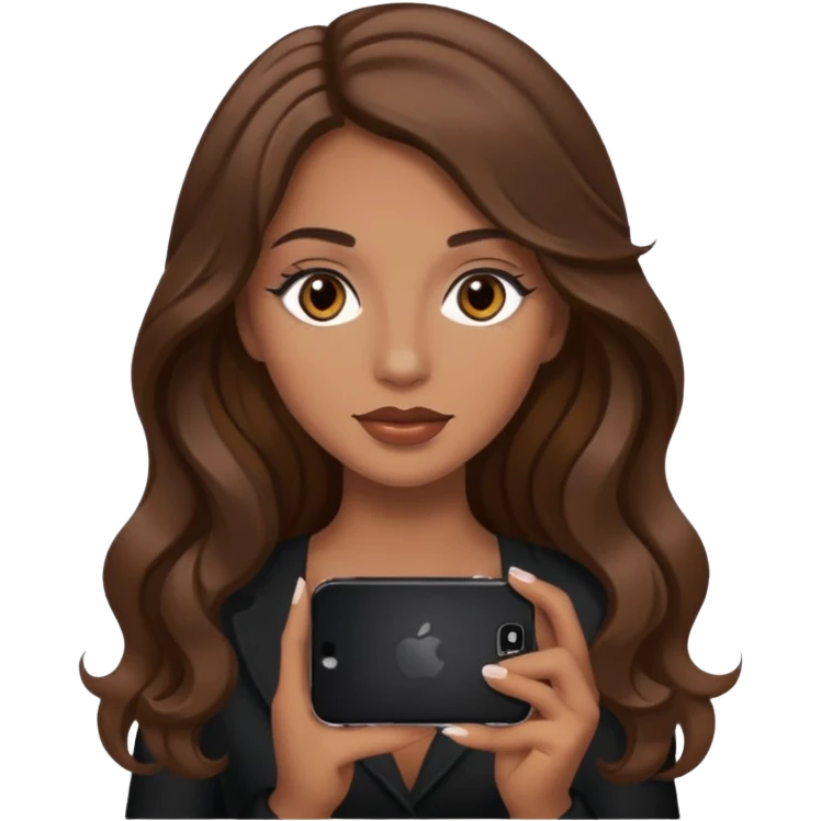 Chica pelo castaño largo ondulado con ojos café claro maquillada sosteniendo un iPhone emoji