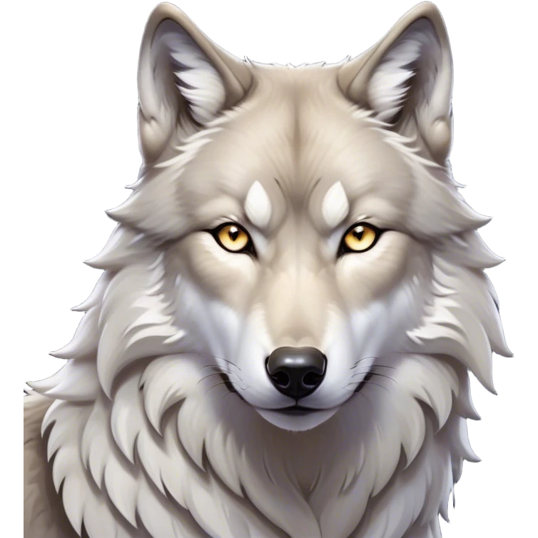 Cinematic Noble Wolf Portrait Emoji, Poised and regal, with a strong, lean build and a sleek, well-groomed Fur of grey and white, deep-set soulful piercing eyes, Simplified yet sharp and sophisticated features, highly detailed, glowing with a soft, dignified glow, high shine, intelligent and fierce, stylized with an air of wild majesty, focused and attentive, soft glowing outline, capturing the essence of a watchful and confident alpha, so majestic it feels as though it could howl out of the screen with effortless authority! emoji