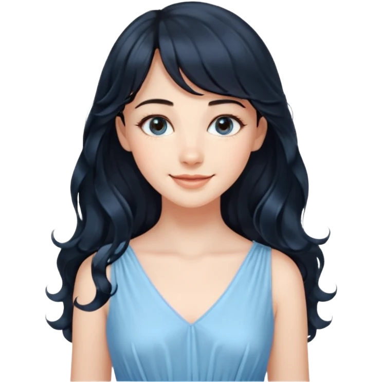 Cewe Romantis Kulit putih glowing, rambut hitam panjang bergelombang natural, poni see-through tipis. Pakai dress biru pastel terang senyum lembut sambil lihat ke samping. emoji