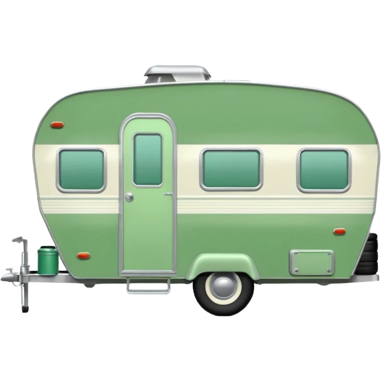 1960s Shasta trailer, single axle wheels, colored all green, the same green shade as movie trailer green preview card, light grey tires and grey hitch emoji