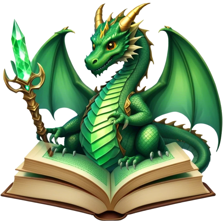 Icon for Fantasy and Sci-Fi Literature: a magical book with glowing pages, surrounded by a dragon, a spaceship, and a wizard with a staff. The icon should capture the adventurous and imaginative world of fantasy and science fiction. Transparent background. emoji