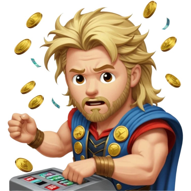 disheveled Thor losing money at a slot machine, panicked face, coins flying emoji