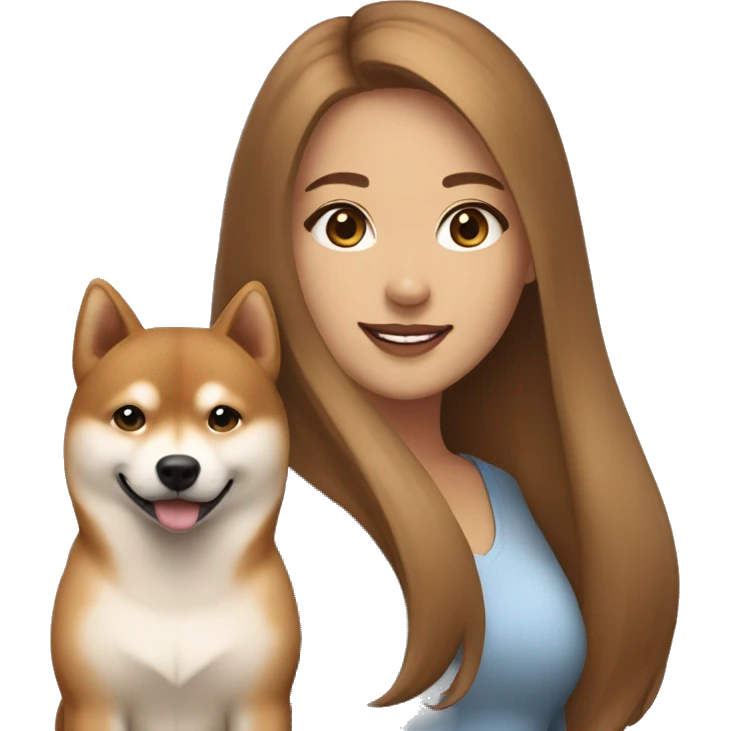 beautiful woman, straight long light brown hair, brown eyes smiling with dog Shiba Inu emoji