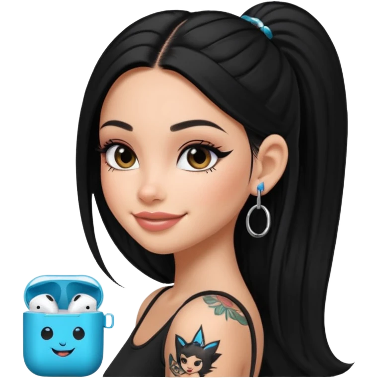 generate a pretty bratz girl with black long straight hair and airpods on, tattoo on shoulder, eyeliner on emoji