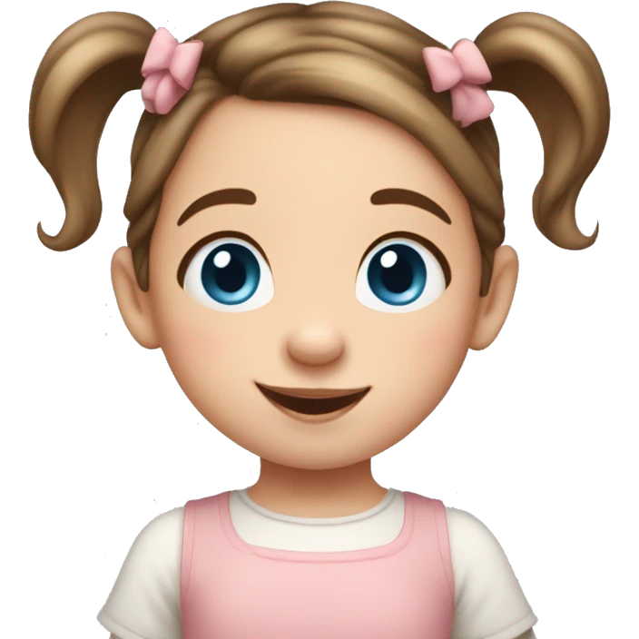 A toddler girl with 2 tiny pig tails on top of her hair with tiny bows, fair skin, blue eyes, brown hair, smiling, wearing a pastel shirt emoji
