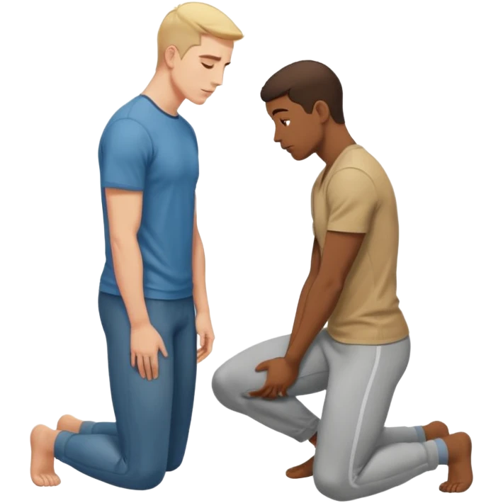one guy standing up and the other guy is on both of his knees in front of said guy standing up who is loookg down at him and guy on knees is looking up at him emoji