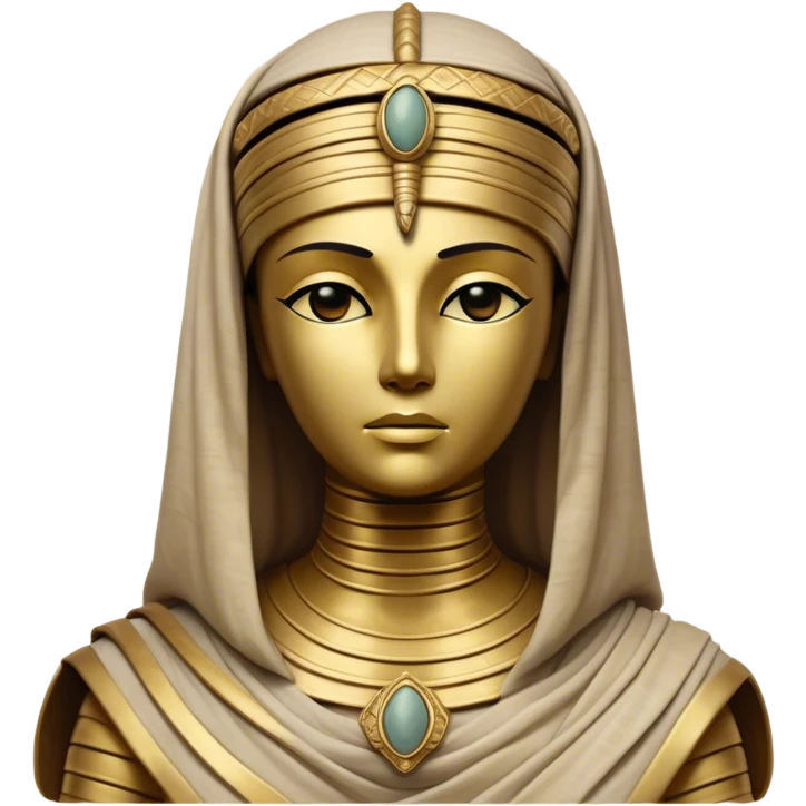 Cinematic Noble Mummy Portrait Emoji, Regal and timeless, with a meticulously wrapped, ancient form in muted earth tones accented by faded gold, exuding an air of forgotten majesty and solemn duty, simplified yet elegant with intricate bandage details, highly detailed and softly glowing, evoking the dignified mystery of an eternal sentinel guarding long-lost secrets! emoji