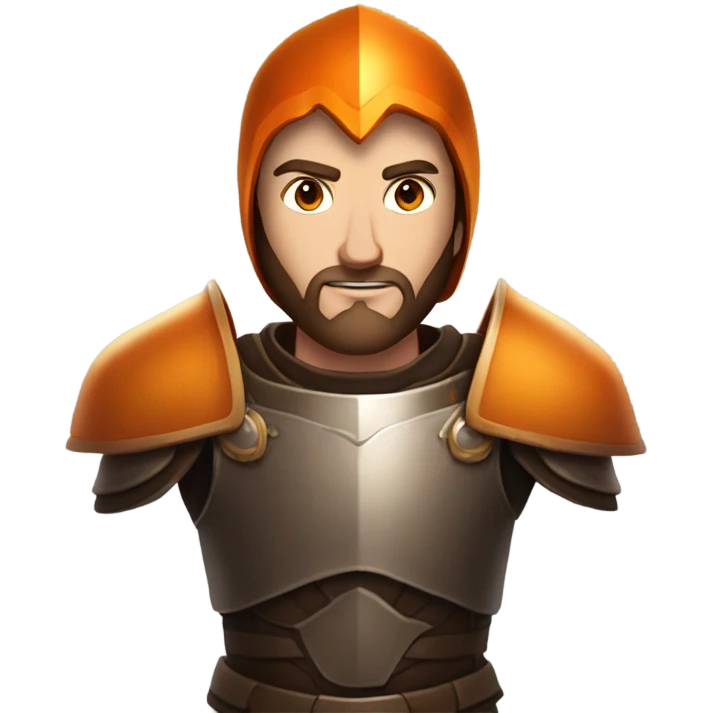 Confident White Man with dark brown hair and a short beard wearing large orange plate armor and eyes made out of orange light emoji