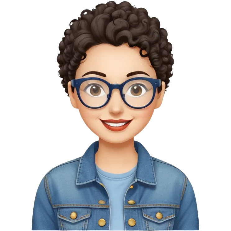Mujer caucasian, cara redonda, gafas grandes rectangulares, cejas delgadas, pelo oscuro rizado recogido. Sonrisa amplia, expresión feliz. Chaqueta de mahón. emoji