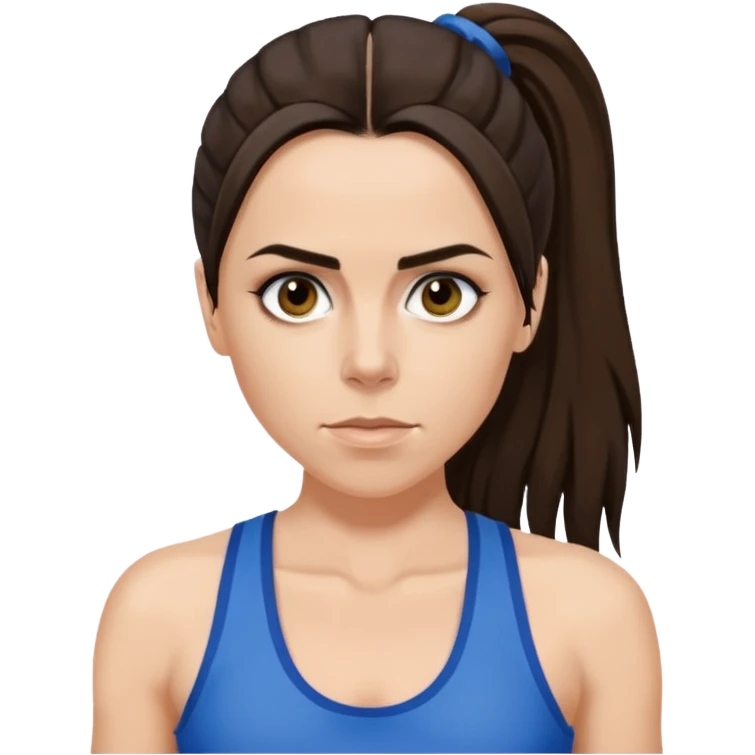 Melanie C with hazel eyes, dark brown long ponytail hair, blue tank top emoji