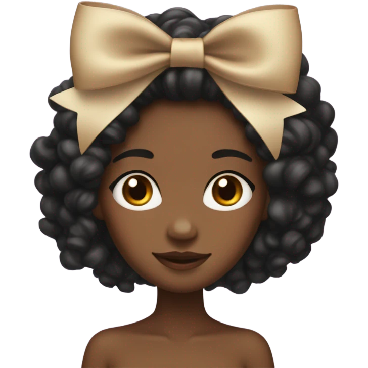 A brown skin girl with long curly black hair at the shoulders with a coquette bow emoji
