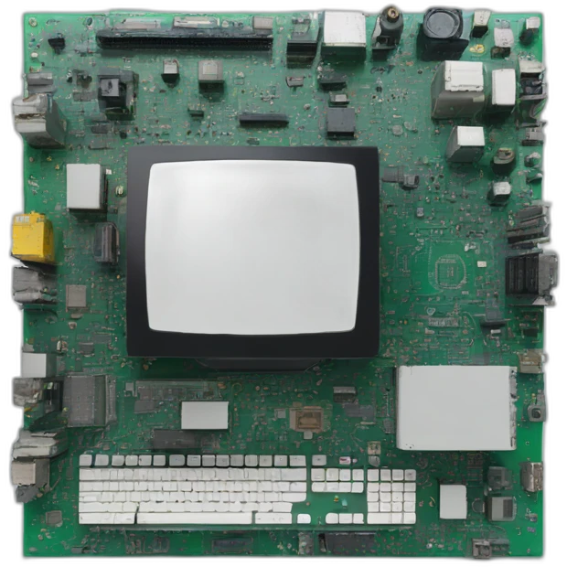 computer hardware with bits around emoji