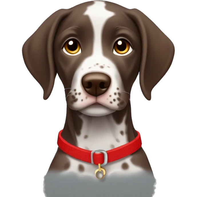 Brown spotted German short haired pointer puppy with ticking with red collar  emoji