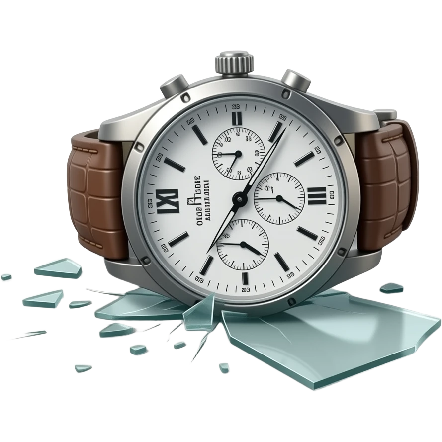A wristwatch fallen on the ground with its glass cracked and slightly shattered. The strap is twisted, small glass fragments scattered nearby. Subtle scratches on the surface, suggesting impact. Soft dramatic lighting, no people, clean floor background, realistic and detailed. emoji