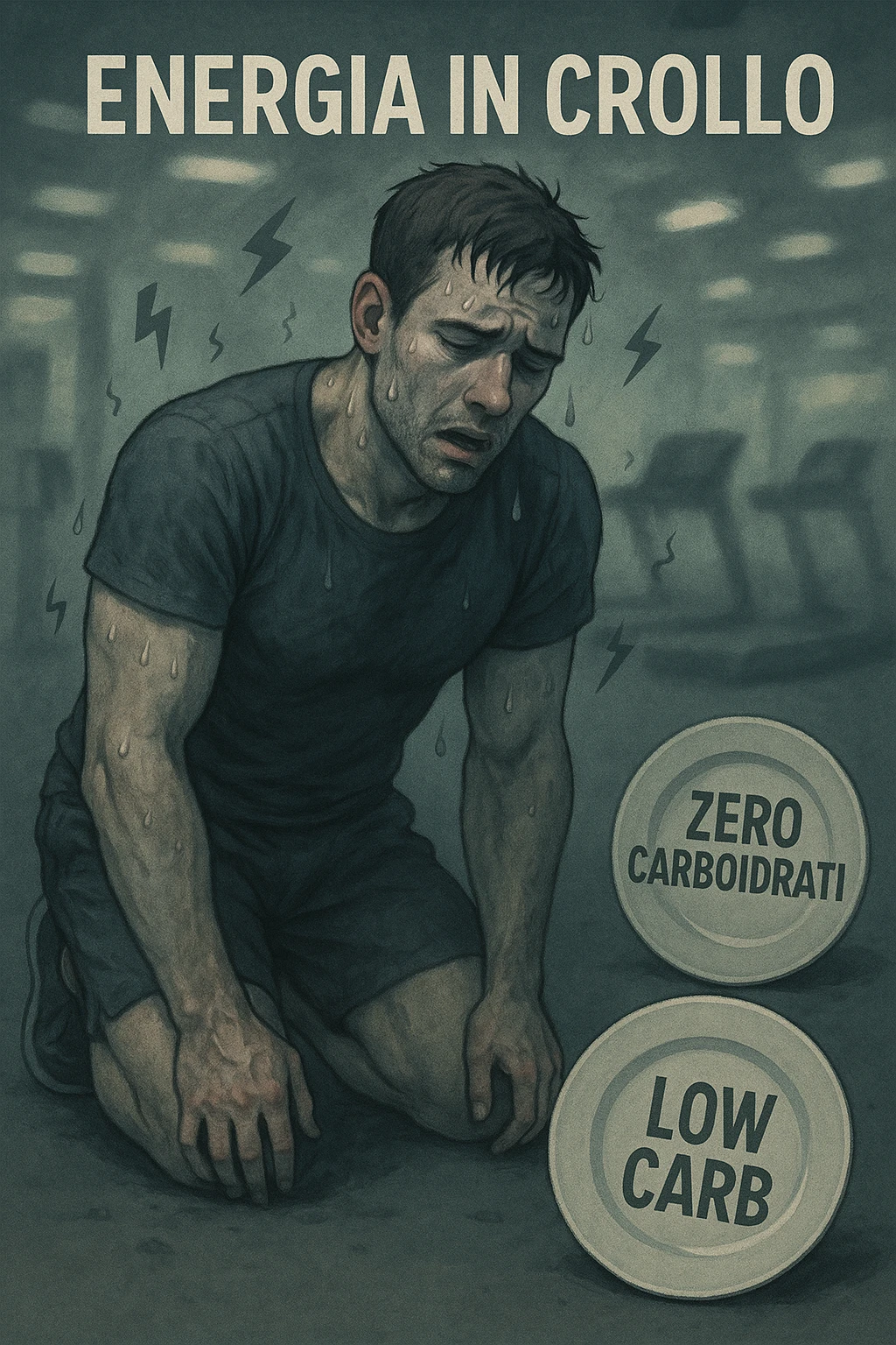 Uomo sportivo sui 30 anni in palestra, inginocchiato, esausto, con il volto sudato e un’espressione di forte stanchezza. Le luci della palestra sembrano sfocate, a simboleggiare confusione mentale. Accanto a lui, piatti vuoti con scritte tipo 'zero carboidrati', 'low carb'. I muscoli appaiono sgonfi e senza tono, mentre piccoli simboli di energia (come fulmini grigi spenti) si allontanano dal suo corpo. In alto, la scritta 'Energia in crollo'. Atmosfera spenta, colori freddi, sensazione di vuoto e affaticamento. in italiano emoji