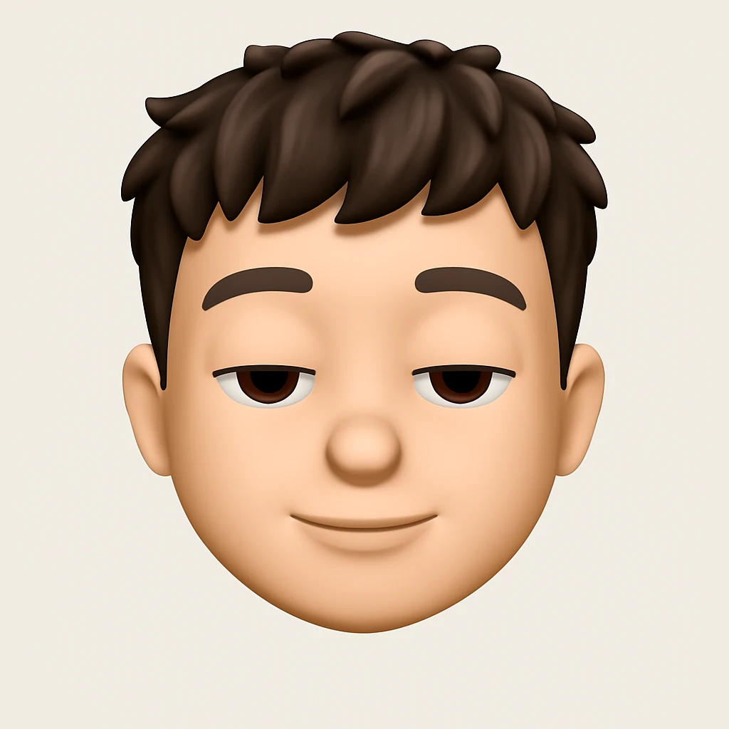 Create a 3D emoji in the style of Apple Memoji featuring a human face with a calm and relaxed expression. The face should have large soft eyes that are half-closed, a slight neutral smile, and smooth facial shapes. The style should reflect the 3D Apple Memoji look with smooth and friendly features. emoji