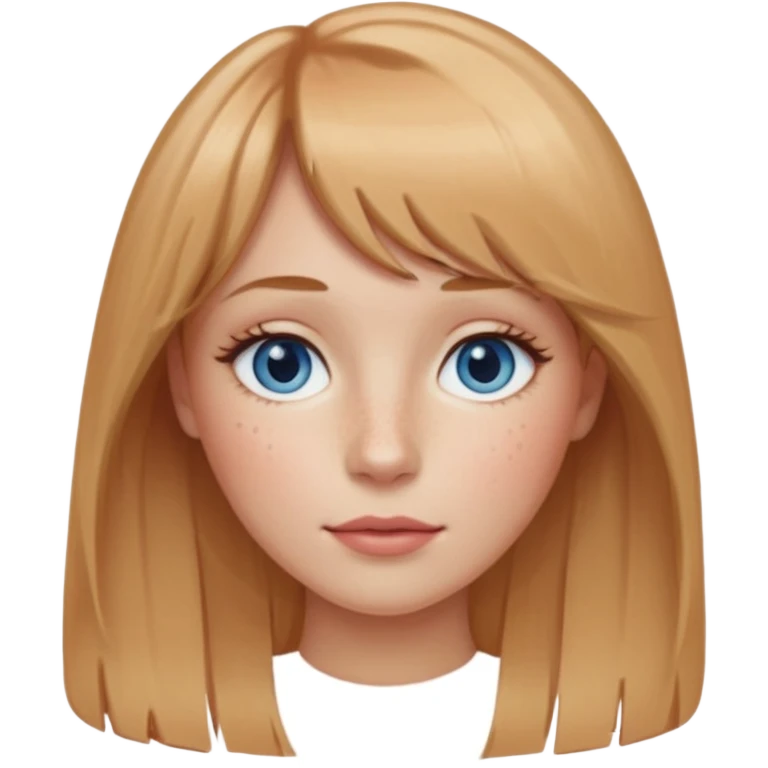 female with oval face, very fair skin, freckles, long strawberry-blonde hair, center part, wispy bangs, almond gray-blue eyes, sandy-blonde brows, straight nose, rose-tinted lips emoji