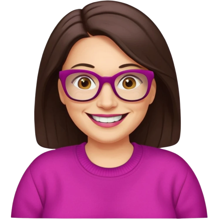 50 yr Caucasian woman, long dark brown hair parted on side, brown eyes, brown glasses, big smile, white teeth, fuscia sweater, chubby,  emoji