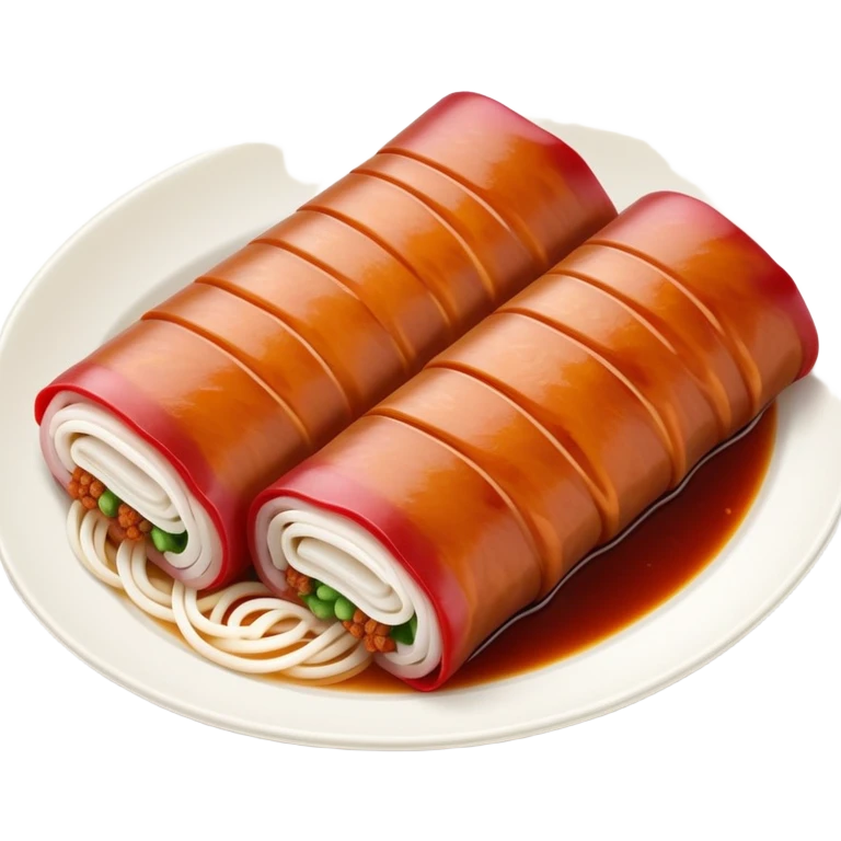 BBQ pork rice noodle roll Char Siu Cheung Fun with reddish meat filling, simplified emoji style with bold outlines and bright colors, cartoon style Guangdong breakfast favorite emoji