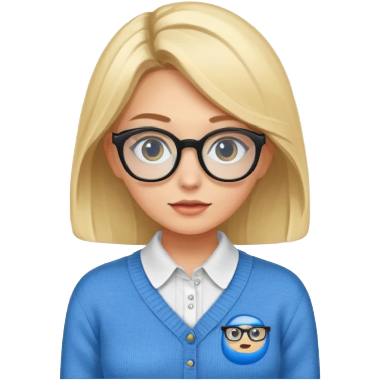 ragazza bionda vestita con camicia e maglione, con occhiali, occhi azzurri che è seduta al pc  emoji