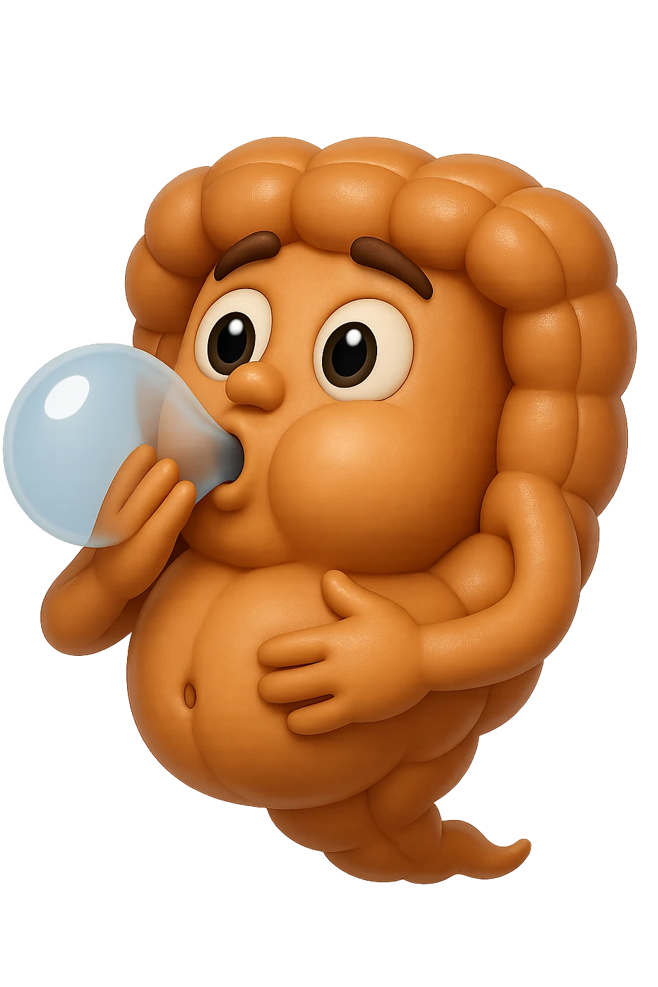 emoji stile iphone di un intestino che ingoia una nuvoletta di aria ben visibile e gli si gonfia la pancia, iperrealistico 4k emoji