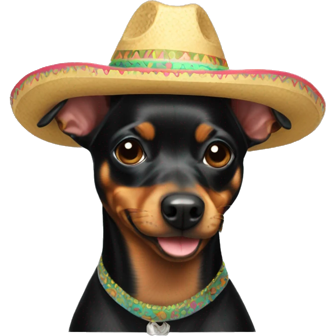 a black miniature pinscher wearing a sombrero emoji