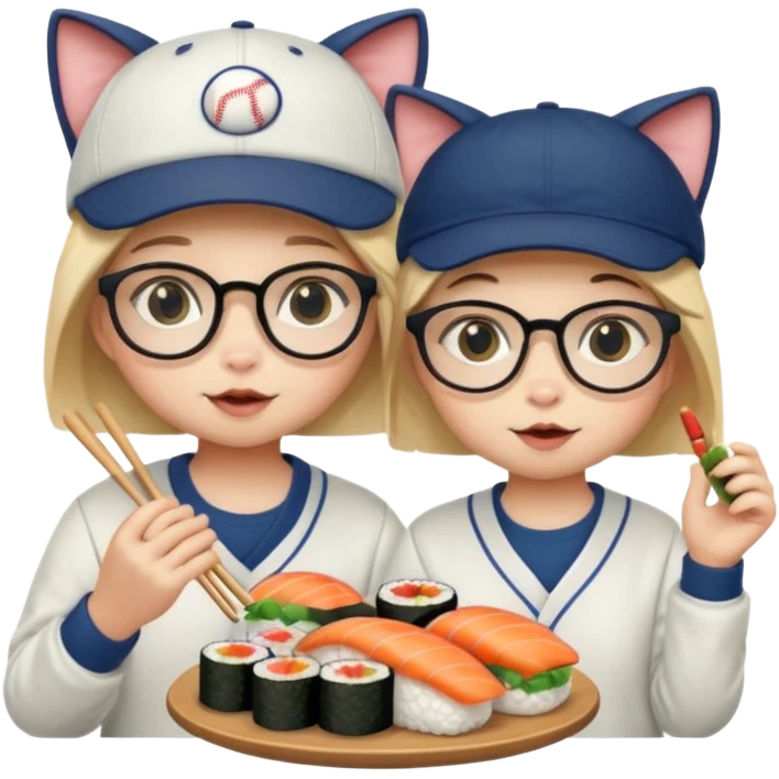 cute girl cat wearing glasses and a cute boy cat wearing a baseball cap eating sushi together emoji