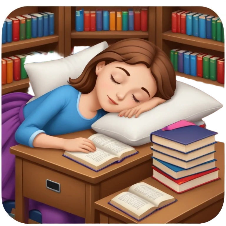 white girl around 8 years (from albania) with brown hair is sleeping in school. the books are her pillow emoji