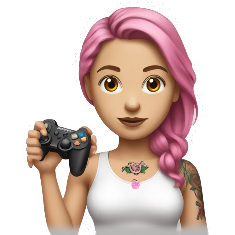 White girl with arm tattoo and brown hair holding a pink game controller emoji